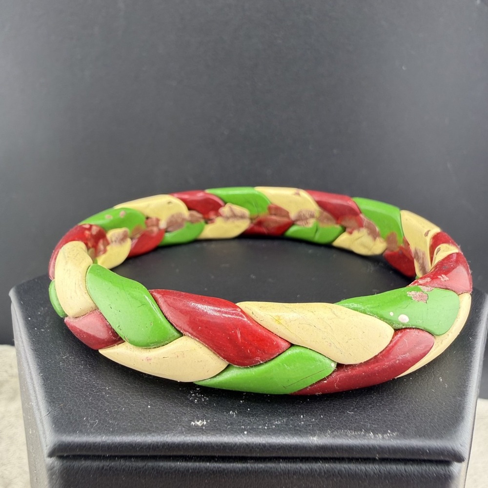 Vintage Artisan Bangle Bracelet Red Green Braided Polymer Clay Christmas 7.5in